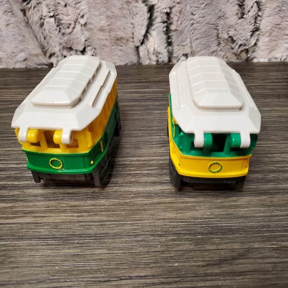 Fisher Price Geotrax Cable Cars - TWO No Motor Push Toys Roof Opens Yellow Green